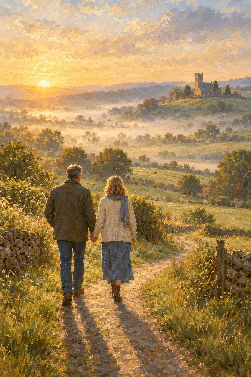 Painting of a couple walking hand in hand along a countryside path at sunrise towards a hilltop church