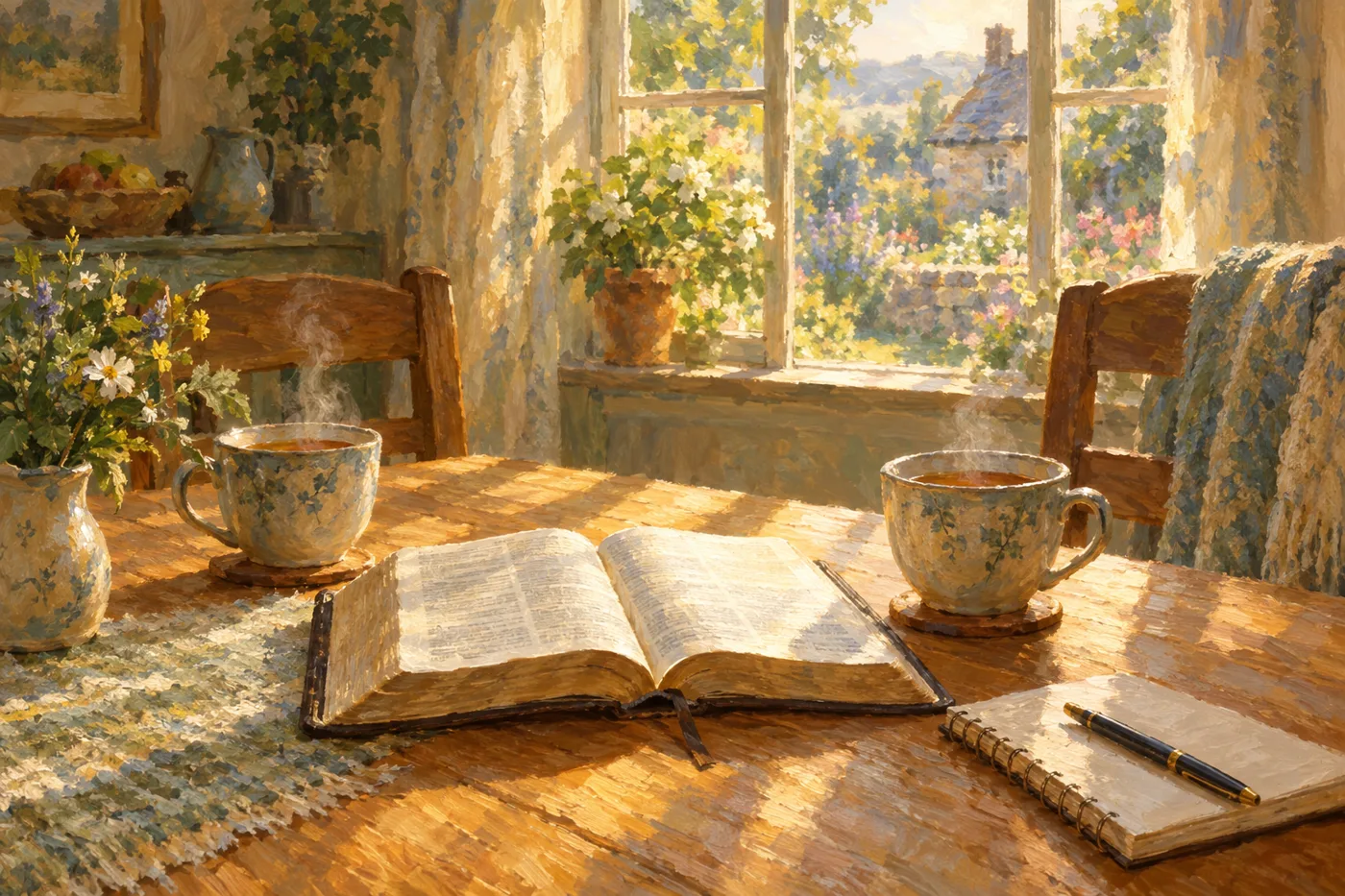 Painting of an open Bible and two cups of tea on a sunlit cottage table