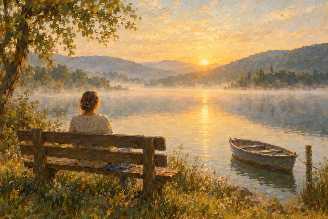 Painting of a woman resting on a lakeside bench at sunrise, illustrating faith-based counselling for anxiety