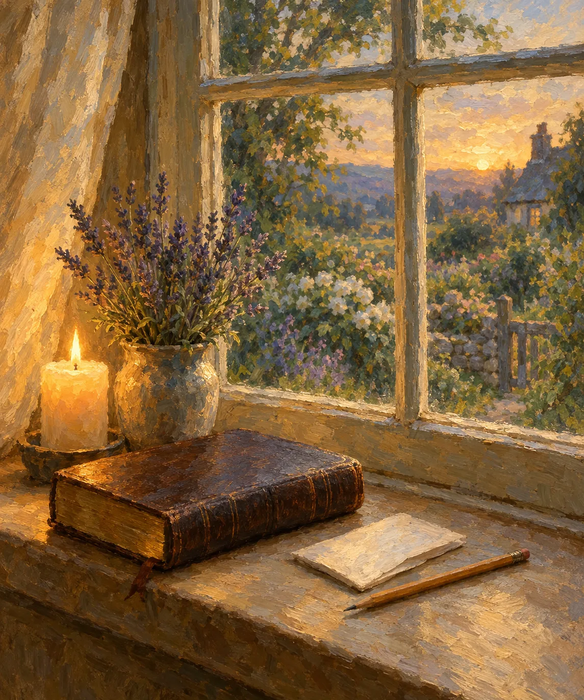 Painting of a candle, closed Bible, folded note and pencil on a cottage windowsill for a worry time exercise