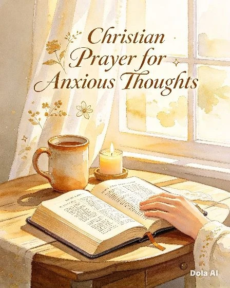 Watercolour of an open Bible, a lit candle and a cup of tea by a sunny window, with the title Christian Prayer for Anxious Thoughts