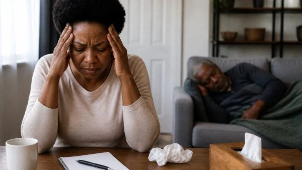A tired carer holding her head at a table while her loved one with dementia rests on the sofa